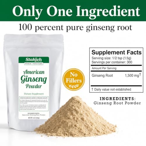 Stakich American Ginseng Root Powder - 100% Pure Root Powder - 1 lb