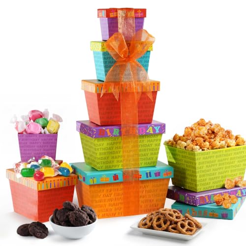 Broadway Basketeers Fun Filled Birthday Gift Basket, Savory Snacks & Sweet | Happy birthday snack boxes with cookies, popcorn, and candy for women, mom, sister, and coworkers.
