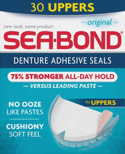 SEA BOND Denture Adhesive Seals, Original, Uppers, 30 Count (1 Pack) | Zinc-free denture adhesive seals for all-day hold. Soft cushiony seal without mess or ooze. Provides comfort and confidence.