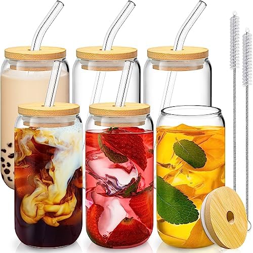 16 Oz Drinking Glasses - 6 Pcs Glass Cups with Bamboo Lids and Straws | Food-grade durable clear tumbler, Coffee bar accessories, Aesthetic gift