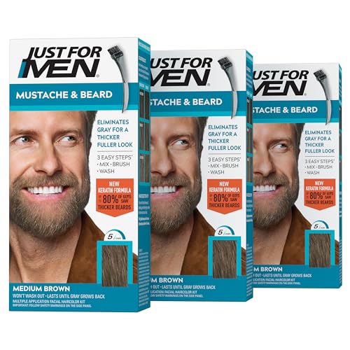 JUST FOR MEN Mustache & Beard Dye, Keratin, Light-Medium Brown M-30 (3 Pk) | Mustache & Beard color light-medium brown designed for facial hair to instantly eliminate gray. Enhanced with keratin.