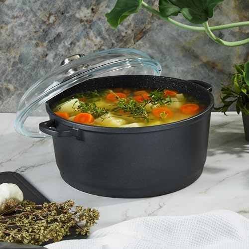BergHOFF EuroCAST 11" Nonstick Stock pot 7qt., Glass Lid with Built-in Strainer, Induction Ready,Oven Safe