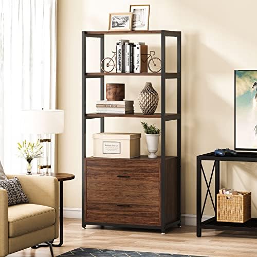 Tribesigns 4-Tier Bookcase Bookshelf with 2 Drawers (Rustic)