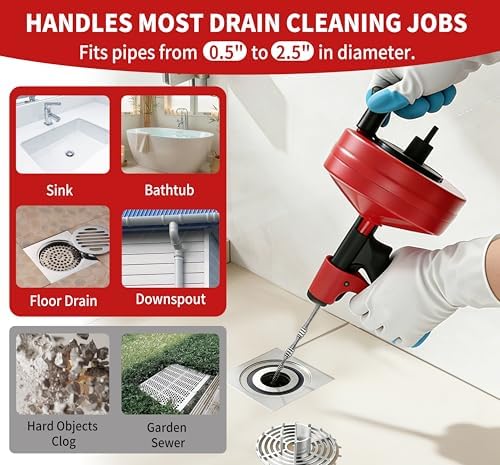 Drain Snake 25 Ft with Drill Attachment, Auto Feed 1/4 Inch Plumbing Snake for Sink, Shower & Tub Clogs, Manual or Drill-Powered Drain Auger, with Gloves, Safety Glasses & Storage Bag