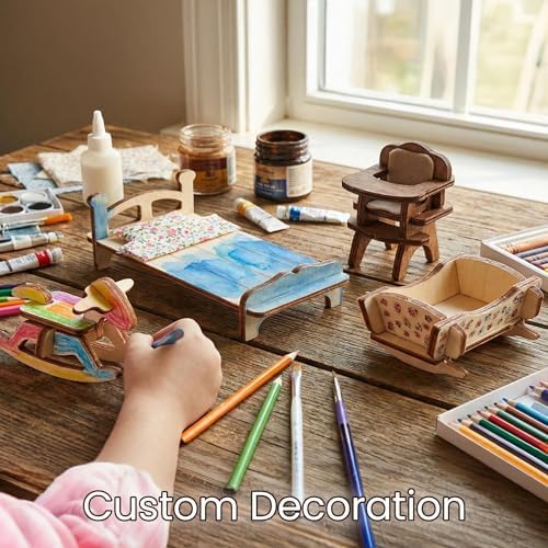 Dollhouse Furniture Set, 34 Wooden Miniatures and Accessories, 1:24 | Laser-cut DIY 3D puzzles, living, dining, kitchen, bath and bedroom pieces