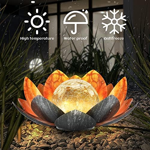 Outdoor Solar Lights, Garden Decor, Crackle Glass Globe, Waterproof Metal Lotus Flower Light for Patio, Lawn, Walkway, Tabletop, Ground