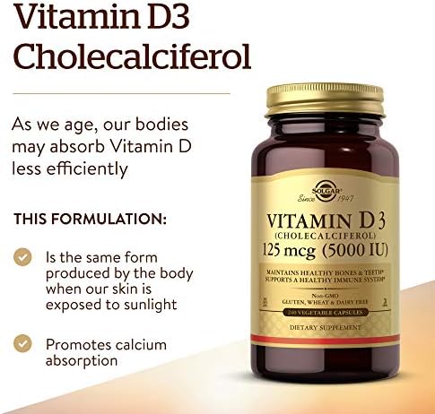 Solgar Vitamin D3 (Cholecalciferol) 125 Mcg (5000 IU), 120 Vegetable Capsules - Helps Maintain Healthy Bones & Teeth - Immune System Support - Non-GMO, Gluten Free, Dairy Free, Kosher - 120 Servings | Helps Maintain Healthy Bones & Teeth, Immune System S…