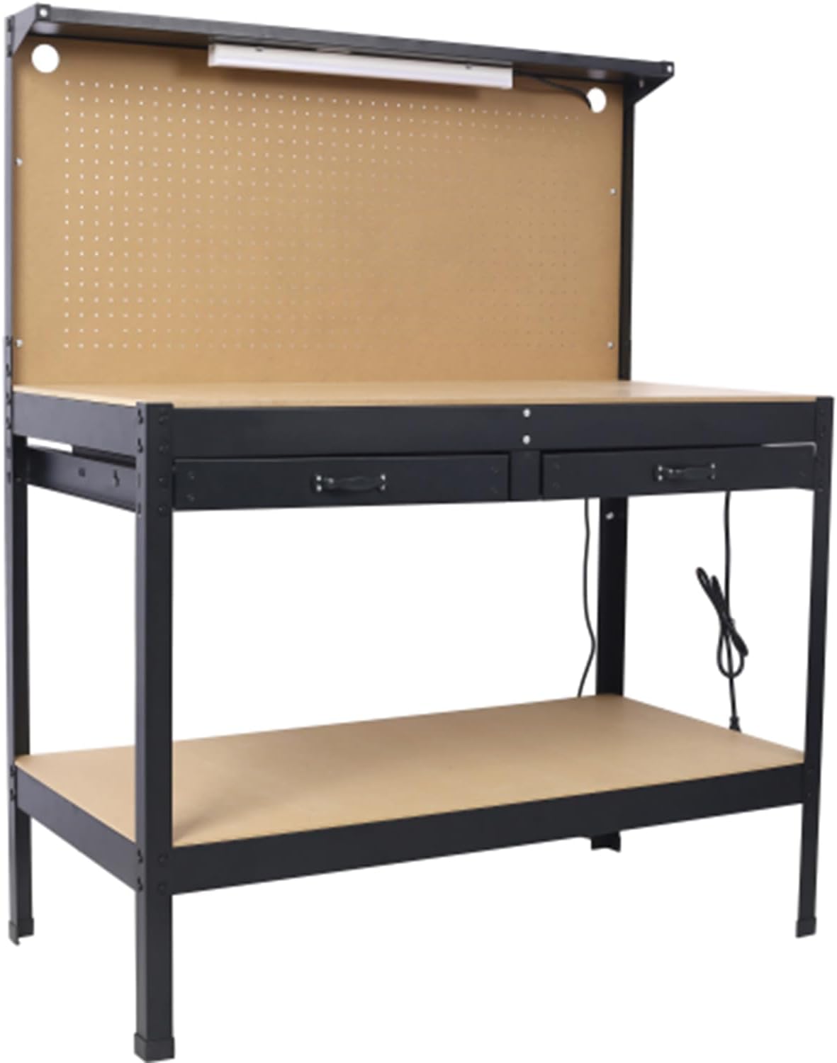 Heavy-Duty Steel Workbench with LED Light, 59'' Tool Storage Bench with Power Outlets & USB Ports, 200 lbs Capacity