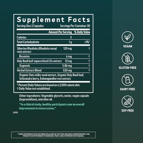 Gaia Herbs Adrenal Health Daily Support - Herbal Supplement with Ashwagandha, Holy Basil & Schisandra - Help Maintain Healthy Energy & Stress Levels* - 60 Vegan Liquid Phyto-Caps (30 Servings)