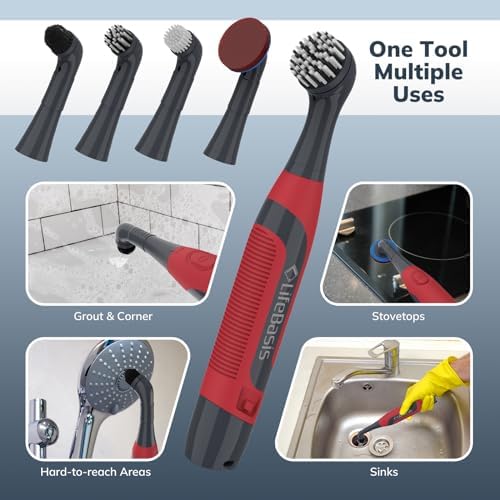 LifeBasis Cordless Electric Cleaning Brush | Power Scrubber with 5 Replacement Brush Heads for Bathroom Kitchen Grout Tile Crevice Corner (Batteries