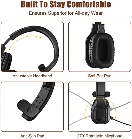 Trucker Bluetooth Headset V5.0, Wireless Headset with Noise Canceling&Mute Microphone for Cell Phones, On Ear Bluetooth Headphone for Computer