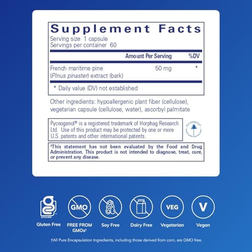 Pure Encapsulations Pycnogenol (Pine Bark Extract) 50 mg | Hypoallergenic Supplement to Support Cognitive Function and Cardiovascular Health* | 60 Capsules | 50 mg, Hypoallergenic Supplement to Support Cognitive Function and Cardiovascular Health*