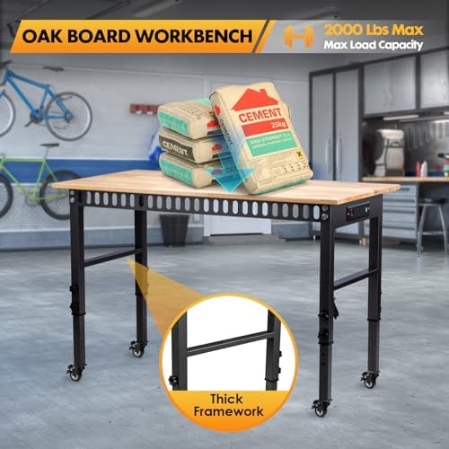 48" Adjustable Workbench, Work Table with Wheels and Power Outlet | 2000LBS Load Capacity Rubber Wood Top Workstation, Heavy-Duty Craft Table for Garage Workshop