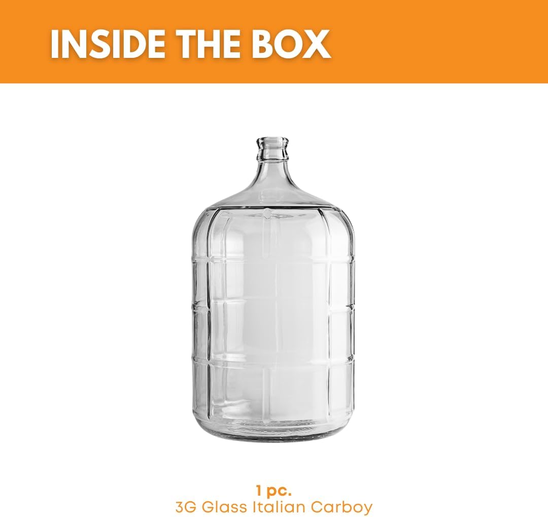 3 Gallon Clear Glass Italian Carboy - 30 mm Cork Neck Finish (CORK NOT INCLUDED)