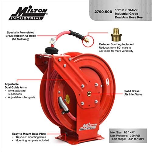 MILTON Industrial Hose Reel 2790-50D, Auto Retractable, Chemical Resistant, Prevent Cracking, Flexible in Extreme Conditions, 1/2” Hose ID