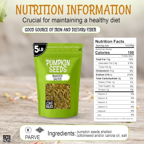 Oh! Nuts Roasted Pumpkin Seeds Salted Pepitas No Shell 2 Pound | Roasted salted pumpkin seeds no shell - Premium pepitas packed in NY - Resealable zip bag for freshness