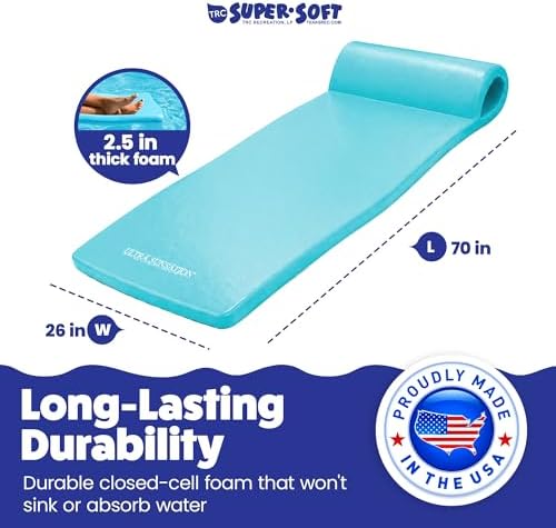 TRC Recreation Ultra Sunsation 2.5” Thick Vinyl Coated Foam Swimming Pool Float Mat Adult Lounger with Built-in Roll Pillow
