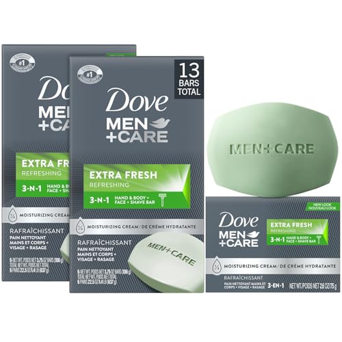Dove Men+Care Extra Fresh Body and Face Bar Soap, 12 Bars (3.75 Oz Ea) + 1 Bonus Bar (2.6 Oz), 3-in-1 Moisturizing Soap for Body, Face, and Shaving
