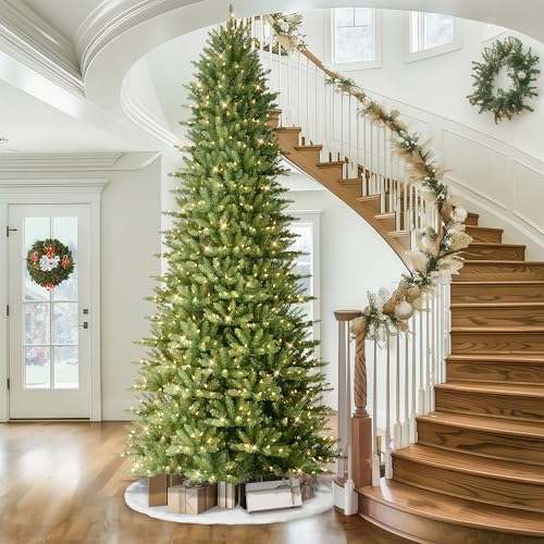Puleo International 7.5ft Pre-Lit Slim Fraser Christmas Tree with 500 Warm White LED Lights, 1453 Realistic Dense Branch Tips, Easy Setup Artificial Trees with Sturdy Metal Stand