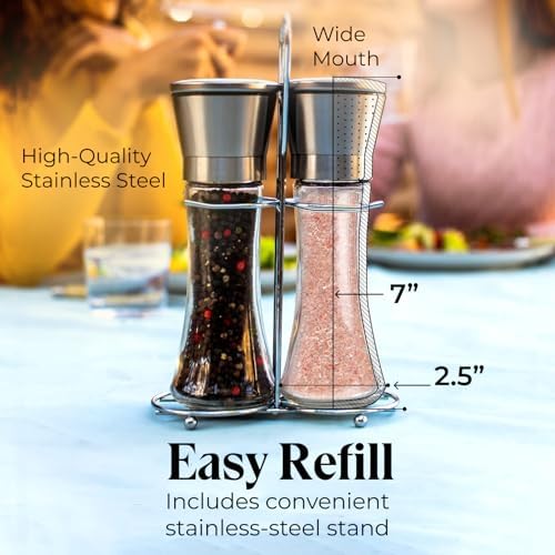 Willow & Everett Salt & Pepper Grinder Set with Stand - Stainless Steel Manual Mills & Holder with Adjustable Coarseness