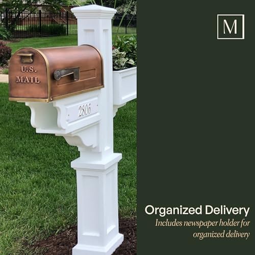 Mayne Signature Decorative Mail Post with Newspaper Holder & Planter, White | For post-mount mailboxes, Weather & fade resistant, All season, 15-year warranty