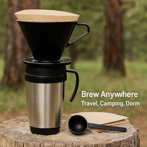 Single Cup Pour Over Coffee Dripper with Scoop & 10 Filters – #2 Cone Style Manual Brewer, BPA-Free Plastic, Portable Dishwasher Safe Coffee Maker