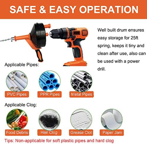 Drain Auger, Clog Remover with Drill Adapter, 25 Feet Flexible Plumbing Snake Use Manually or Powered for Kitchen, Bathroom and Shower Sink