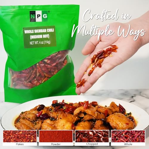 NPG Sichuan Dried Red Chili Peppers 4 Oz, Mild Hot, Whole Chili Peppers