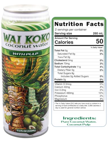 Wai Koko Coconut Water with Pulp, 17.5 Fl Oz Cans (Pack of 12) | Real coconut pulp in 100% pure coconut water