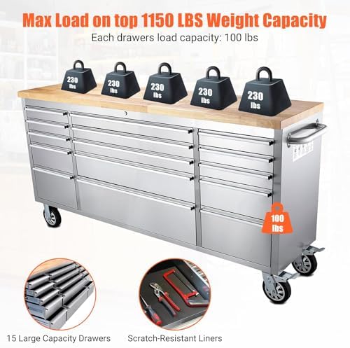 61-Inch Rolling Tool Chest with 10 Drawers & Power Strip, Solid Rubber Wood Top, 1675 LBS Load Heavy Duty Mobile Workstation, Locking System and Drawer Liners for Garage Warehouse Shop, Black