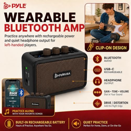 Pyle Electric Guitar and Amp Kit - Full Size 39" Complete Starter Kit with Wearable Bluetooth Amplifier, 1/4” Cable, Carry Case, Strap, Strings, Picks, Cleaning Cloth, ST-Style Pickups (Black)