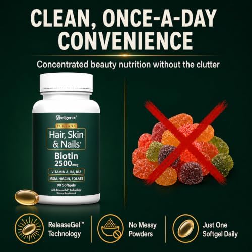 Wellgenix Purvana Hair Skin and Nails Supplement – 2500mcg Biotin Softgels with MSM & B-Complex – Daily Beauty Support for Stronger Nails & Hair Vitality – 90 Softgels | MSM, alpha lipoic acid & grape seed softgels for thicker-looking hair, stronger-look…