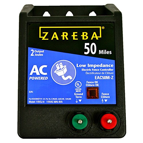 Zareba 50 Mile AC-Powered Low Impedance Electric Fence Charger | 2.0 Joule Output, Contain Cattle, Horses, Pigs, Goats, Use in Heavy Weed Conditions, Lightning Protection, EAC50M-Z