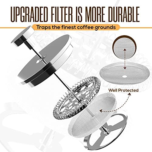 Utopia Kitchen 304 Grade Stainless Steel French Press 34 Oz, Silver | Double Wall Insulated Coffee Press with 4-Level Filtration System, Include 2 Extra Filters, Rust-Free, Dishwasher Safe