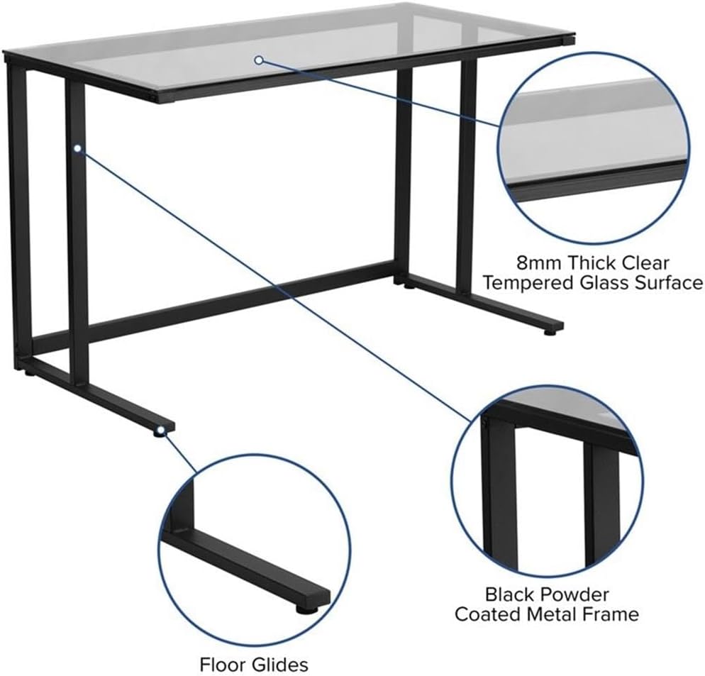 Flash Furniture Singleton Glass Desk with Black Pedestal Metal Frame | Tempered Glass Surface, Powder Coated Metal Frame