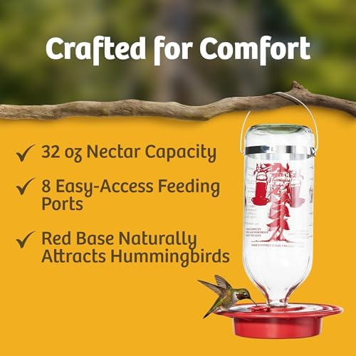 Birds Choice Best-1 Hummingbird Feeder | 32oz Nectar Capacity | Clear | Wide-Mouth Bottle for Easy Filling and Cleaning, Multiple Feeding Ports
