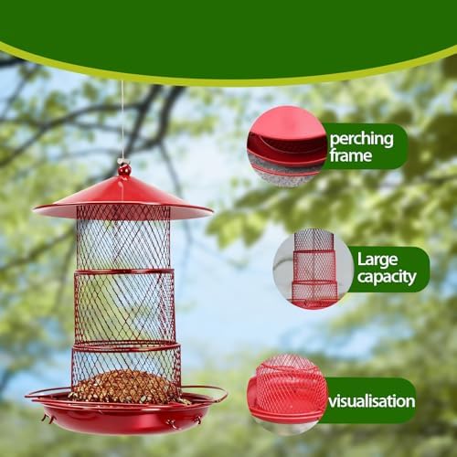 Three-Tier Metal Hanging Bird Feeder Durable and Sturdy, red Finish Large Capacity with Perch Mesh Design Features Drainage Holes (Red)