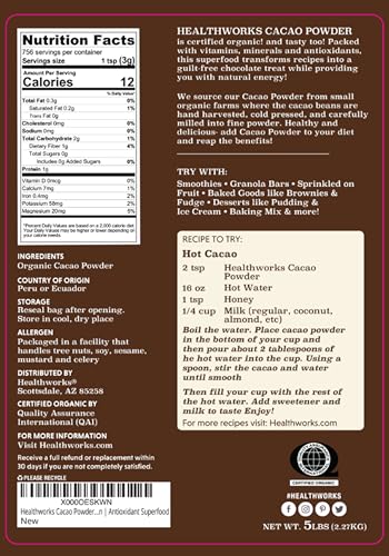 Healthworks Superfoods Organic Cacao Powder 1 lb Unsweetened Vegan Non-GMO | Organic, Unsweetened, Antioxidant, Magnesium, Non-GMO, Vegan, Keto, For Baking, For Smoothies, For Hot Chocolate, Paleo