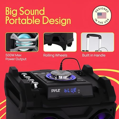 Pyle 500 Watt Portable BT Connectivity Karaoke Speaker System - PA Stereo with 8" Subwoofer, DJ Lights Rechargeable Battery Microphone