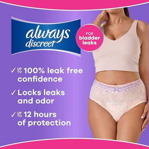 Always Discreet Adult Diapers for Women, Incontinence Underwear, Postpartum Essentials, Disposable Briefs, Max Absorbency, Bladder Leak Protection