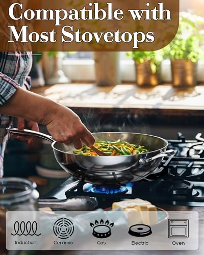 Cooks Standard Multi-Ply Clad 12 Inch Stainless Steel Wok Pan, Stir Fry Pan with Glass Lid, Induction Cookware, Dishwasher & Oven Safe, Compatible with All Cooktops