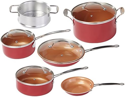 BulbHead Red Copper 10 PC Copper-Infused Ceramic Non-Stick Cookware Set