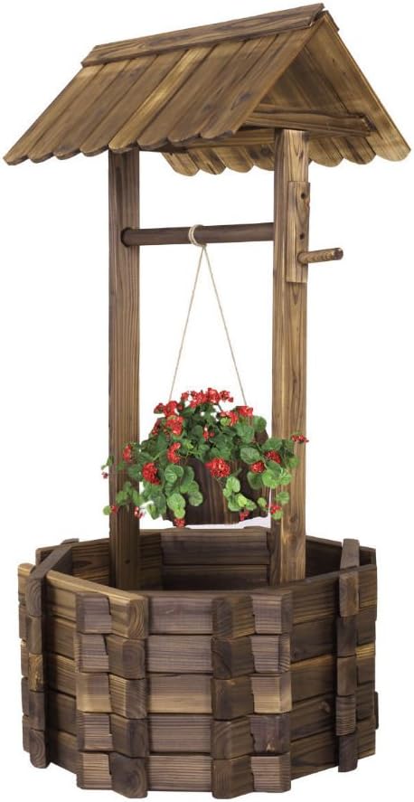 Wishing Well Rustic Fir Wood Bucket Planter Yard Garden Lawn Wooden Wedding New