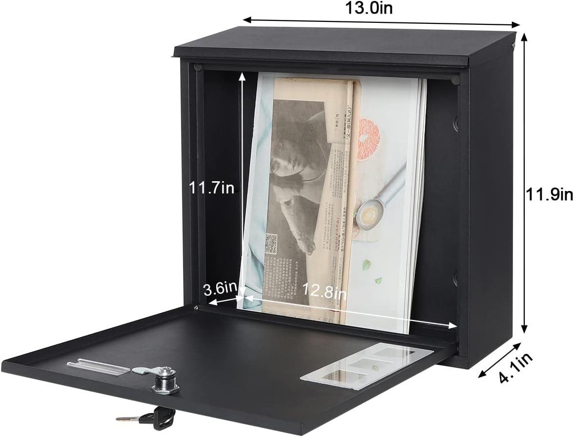 Decaller Large Capacity Mailbox with Key Lock, Wall Mount Metal Mail Box with Newspaper Compartment for Outside, 14.4" x 13" x 4.2", 938 Black