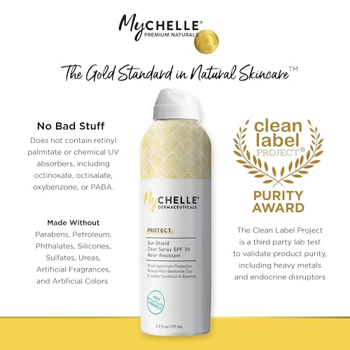 MyChelle Dermaceuticals Sun Shield Clear Spray SPF 30 (6 Fl Oz) - Liquid Zinc Sunscreen Spray with Bentonite Clay and Jojoba - Balances Oil Levels and Conditions Skin - Water Resistant for 80 Minutes