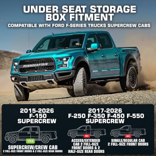 Rear Truck Underseat Storage Box, Fit 2017-2026 Ford F-250 F-350 Super Duty and 2015-2026 Ford F-150 SuperCrew Crew Cab Heavy Duty Rear Under Back Seat Box Organizer, Anti Slip