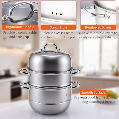 3-Tier 24 Qt Stainless Steel Steamer Pot with Glass Lid – Multi-Layer Stackable Cookware for Tamales