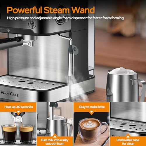 Plum chef Espresso Machine 20 Bar, Household Coffee Maker with Milk Frother Steam Wand, Pressure Gauge, 54oz Large Water Tank, Low Noise Fast Brew for Cappuccino Latte Macchiato Home Office