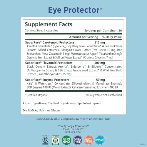 PURE SYNERGY Eye Protector | 100% Natural, Vegan Eye Health Supplement | with Organic Astaxanthin, Lutein