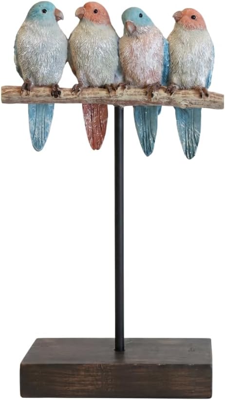 Comfy Hour Bird Figurines Home Decor, 9.8 Inch Decorative Birds Sculpture, Pastel Sparrows on Rustic Branch, Polyresin Tabletop Ornament for Shelf